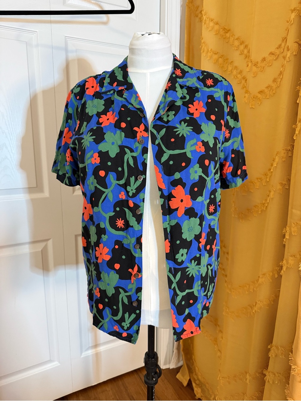 Target Floral Short-Sleeve Button-Up in Black with Blue, Green & Orange Print